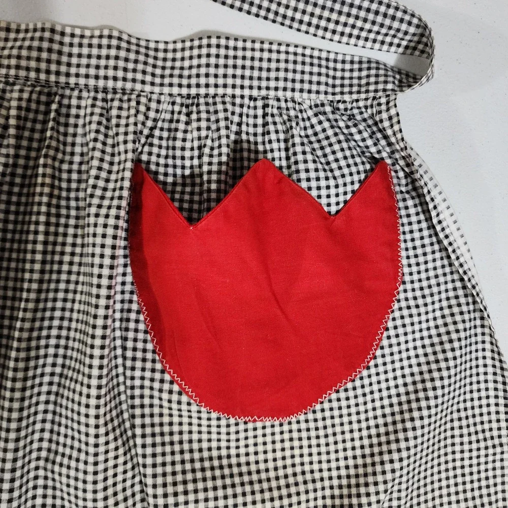 Vintage Handmade Gingham Half Apron Black White Red Tulip Pockets Cottagecore